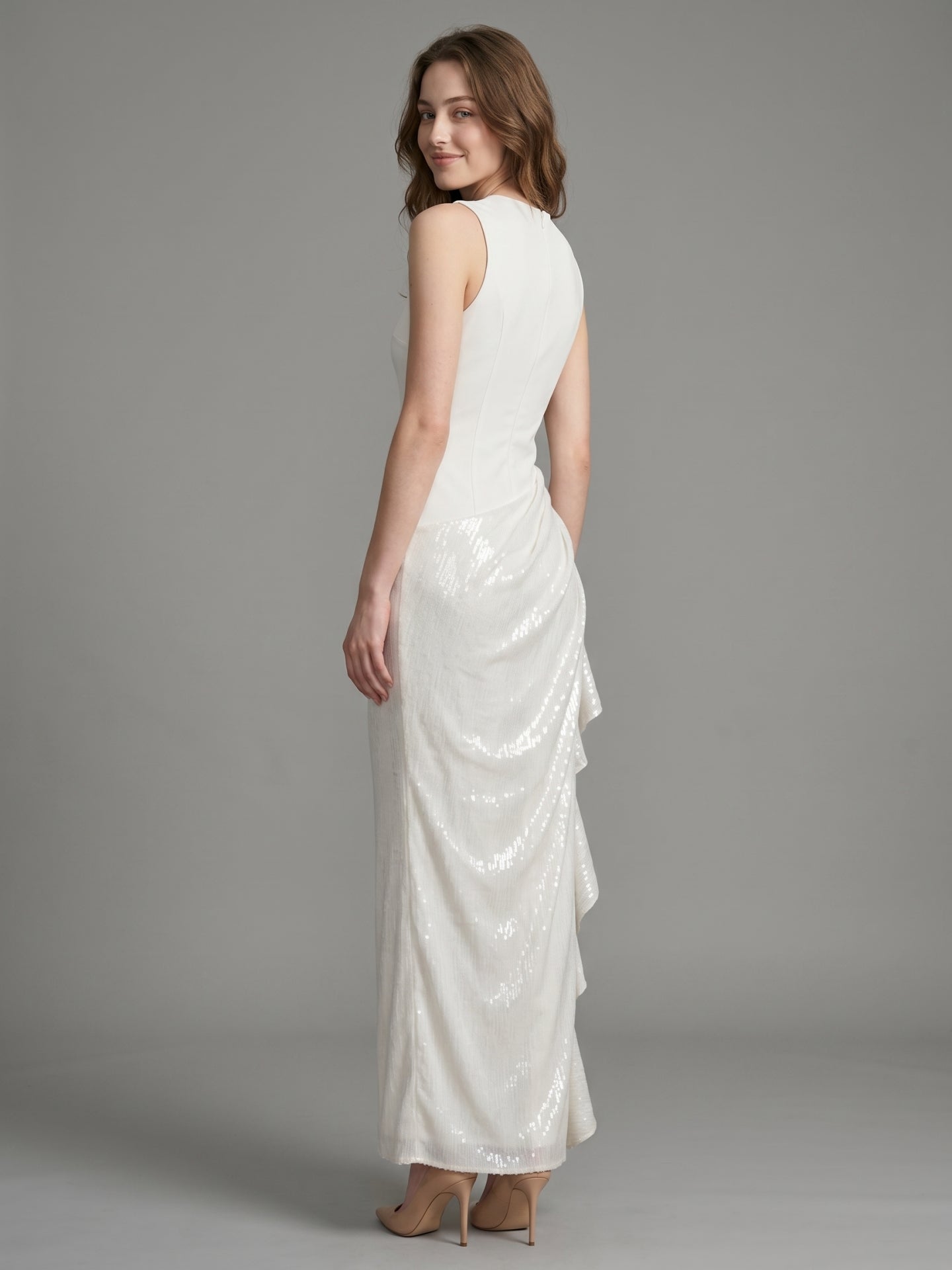 Ivory Stretch Knit Sheath Scoop Neck Back Zip Floor-Length Pleated Bridesmaid Dress