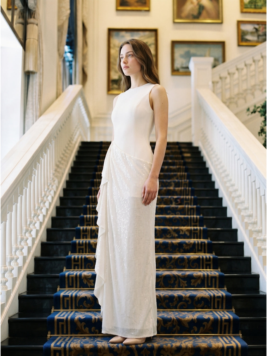 Ivory Stretch Knit Sheath Scoop Neck Back Zip Floor-Length Pleated Bridesmaid Dress