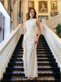 Ivory Stretch Knit Sheath Scoop Neck Back Zip Floor-Length Pleated Bridesmaid Dress