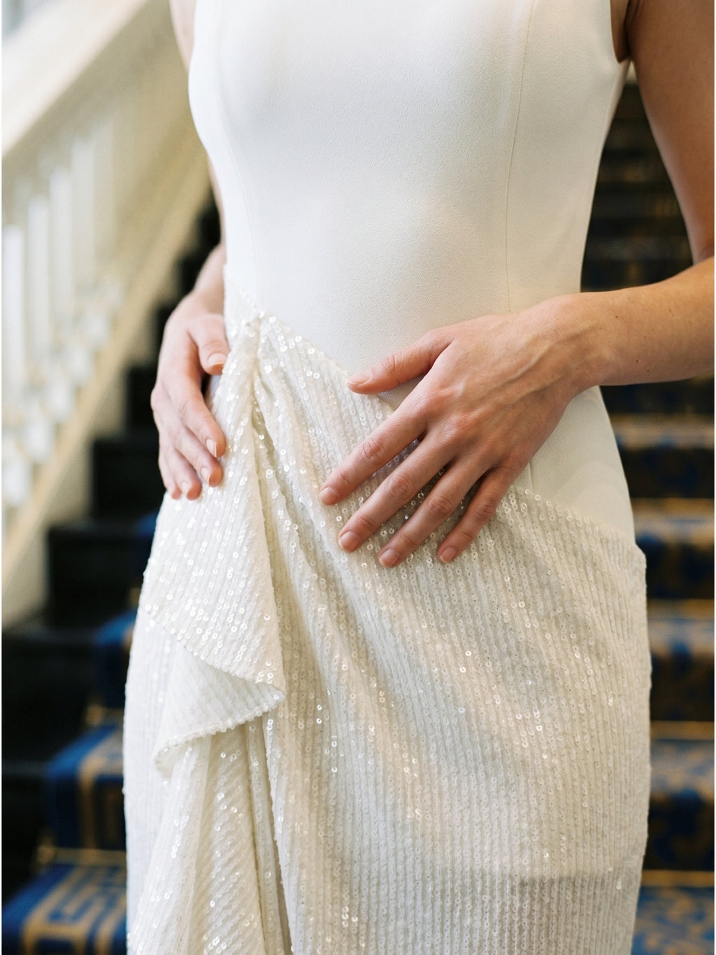 Ivory Stretch Knit Sheath Scoop Neck Back Zip Floor-Length Pleated Bridesmaid Dress