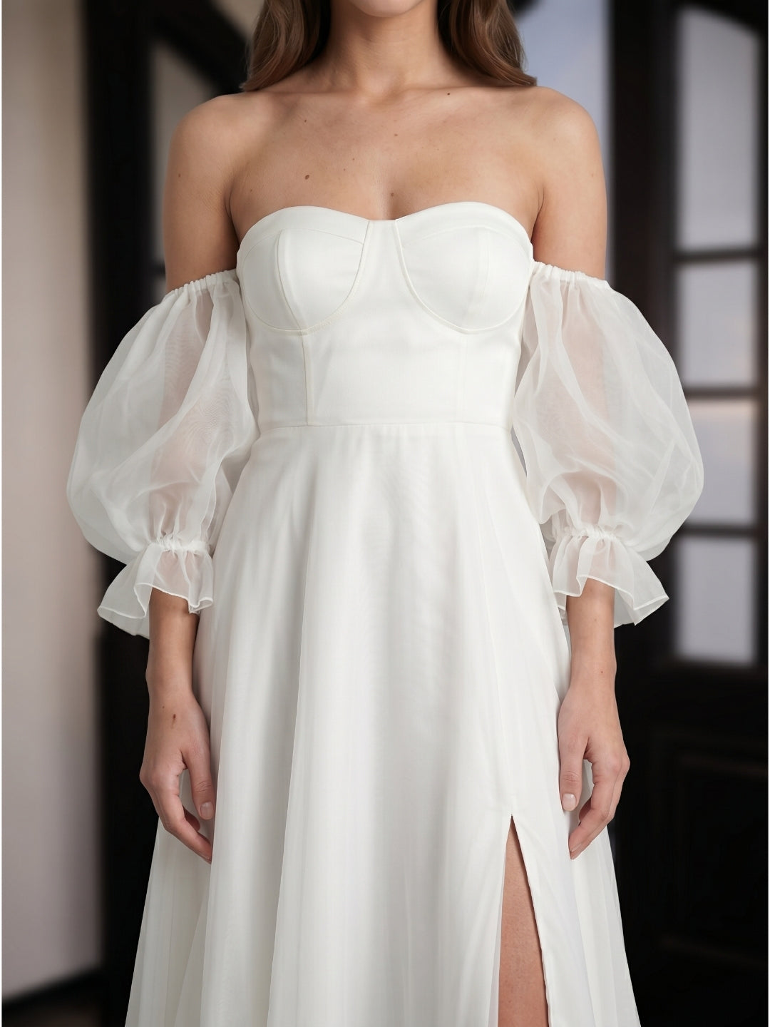 Ivory Tulle A-Line Off-the-Shoulder Backless Floor-Length Bridesmaid Dress