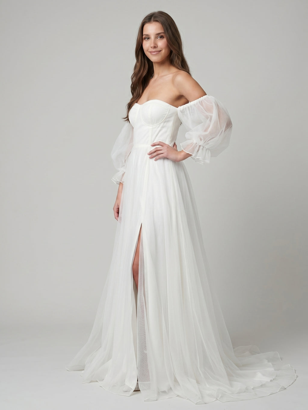 Ivory Tulle A-Line Off-the-Shoulder Backless Floor-Length Bridesmaid Dress