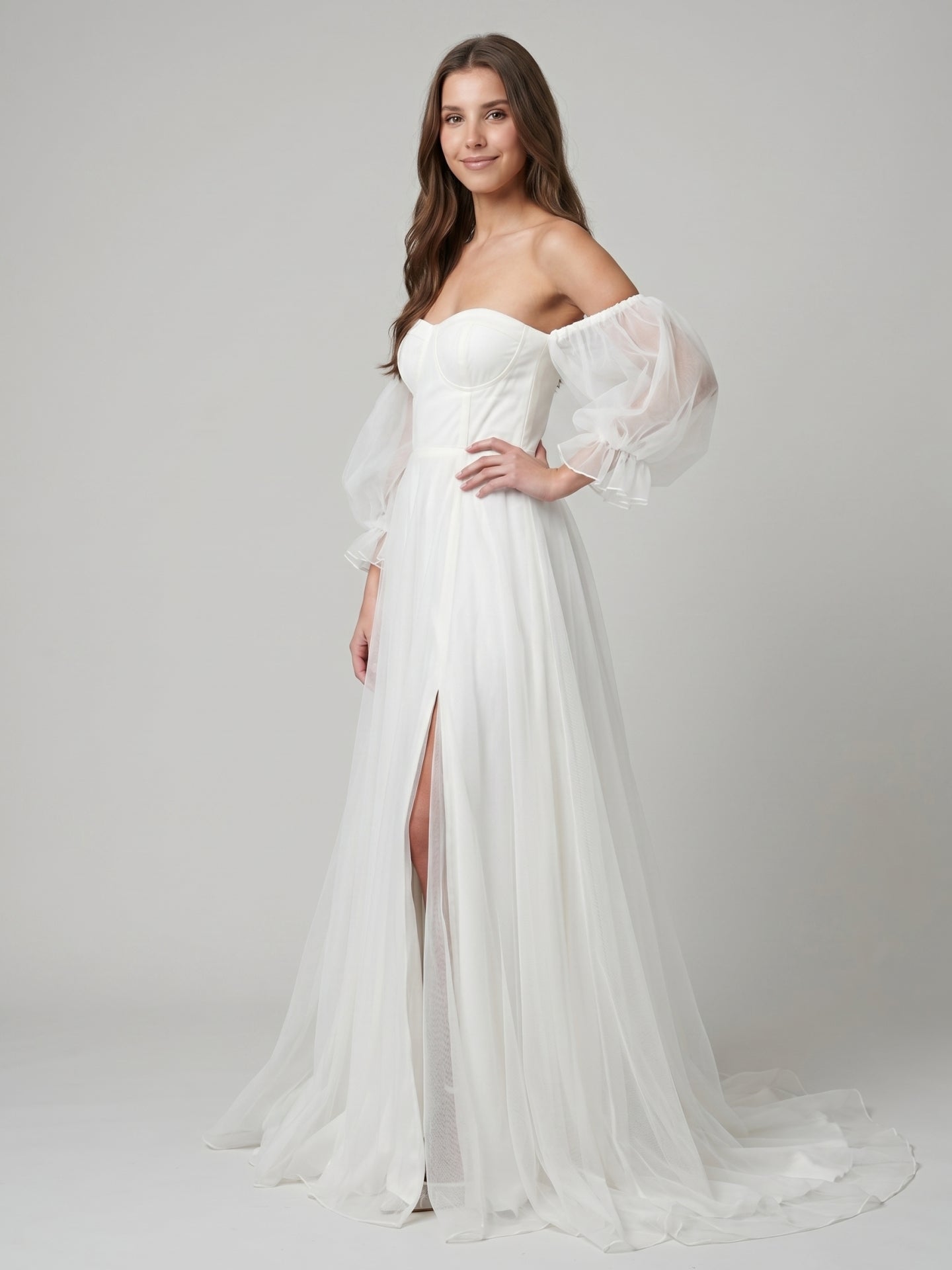 Ivory Tulle A-Line Off-the-Shoulder Backless Floor-Length Bridesmaid Dress
