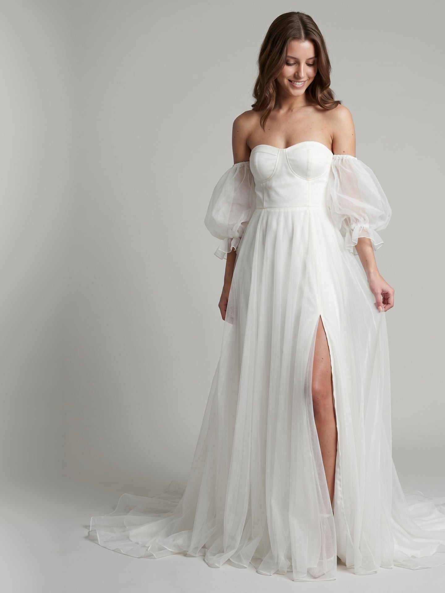 Ivory Tulle A-Line Off-the-Shoulder Backless Floor-Length Bridesmaid Dress