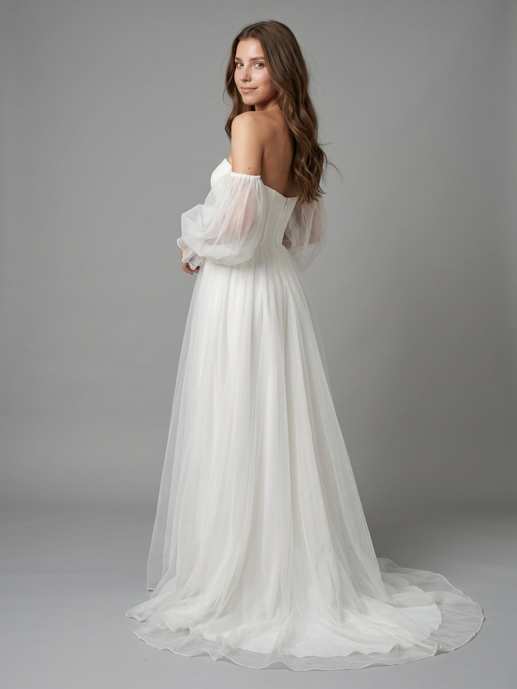 Ivory Tulle A-Line Off-the-Shoulder Backless Floor-Length Bridesmaid Dress