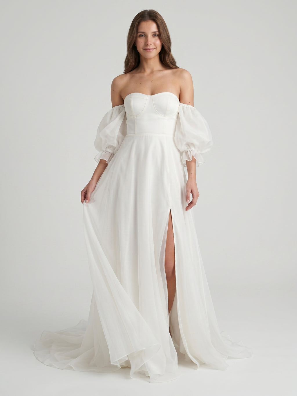Ivory Tulle A-Line Off-the-Shoulder Backless Floor-Length Bridesmaid Dress
