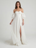 Ivory Tulle A-Line Off-the-Shoulder Backless Floor-Length Bridesmaid Dress