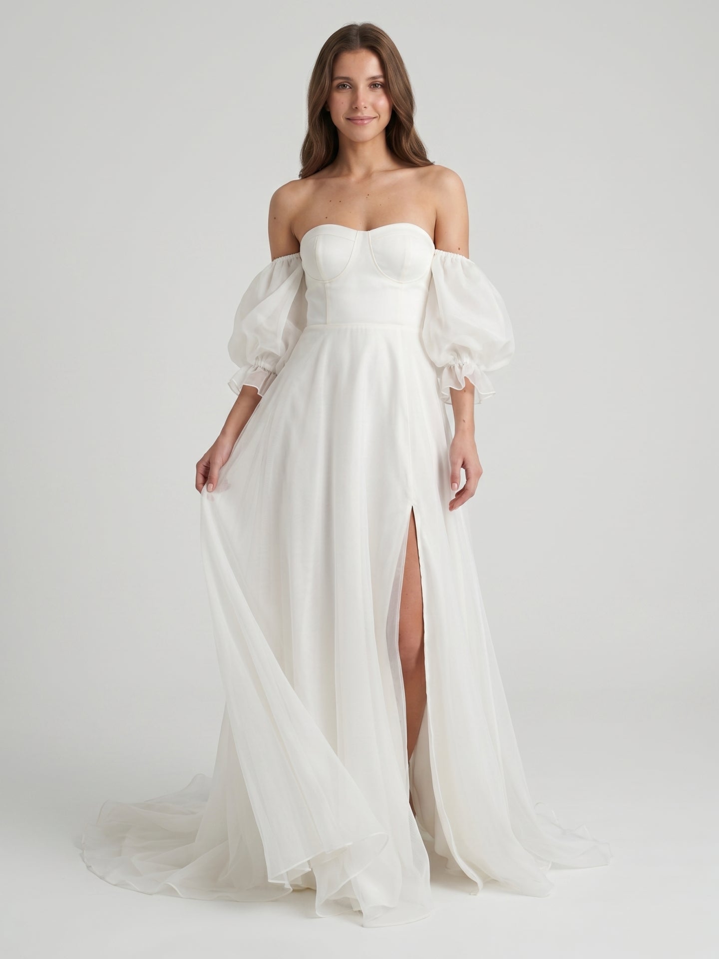 Ivory Tulle A-Line Off-the-Shoulder Backless Floor-Length Bridesmaid Dress