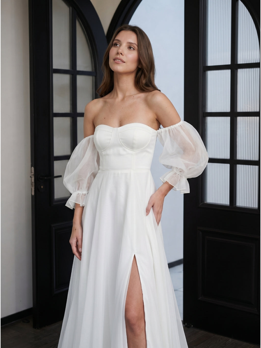 Ivory Tulle A-Line Off-the-Shoulder Backless Floor-Length Bridesmaid Dress