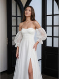 Ivory Tulle A-Line Off-the-Shoulder Backless Floor-Length Bridesmaid Dress