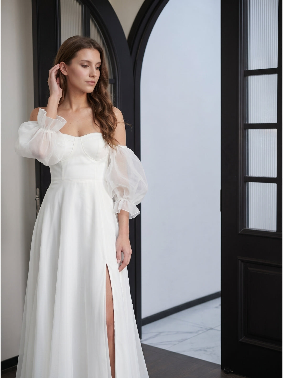 Ivory Tulle A-Line Off-the-Shoulder Backless Floor-Length Bridesmaid Dress