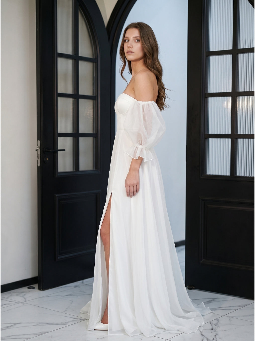 Ivory Tulle A-Line Off-the-Shoulder Backless Floor-Length Bridesmaid Dress