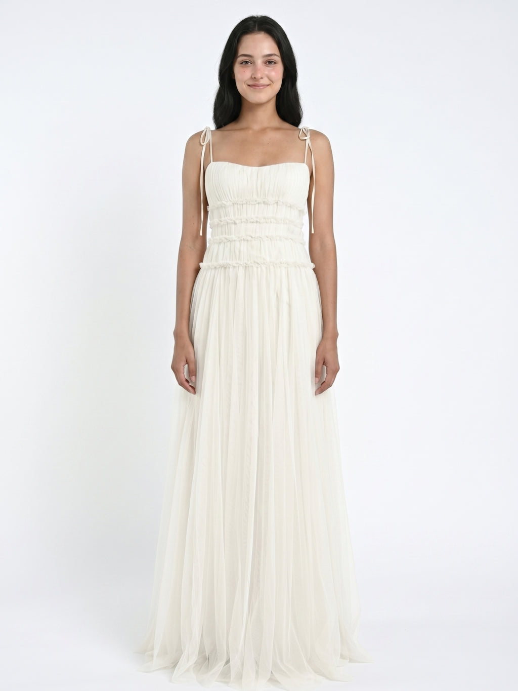 Ivory Tulle A-Line Square Neck Backless Floor-Length Bridesmaid Dress with Pleated Touch
