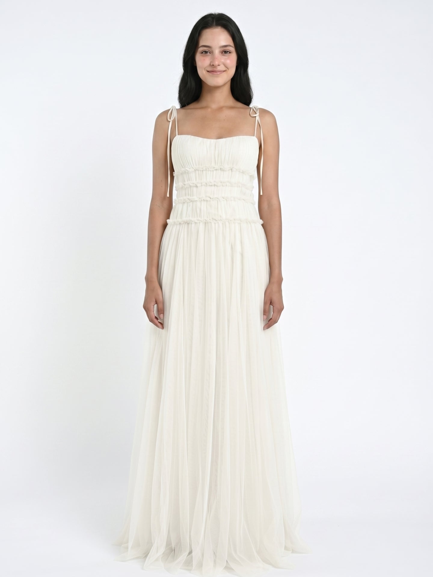 Ivory Tulle A-Line Square Neck Backless Floor-Length Bridesmaid Dress with Pleated Touch