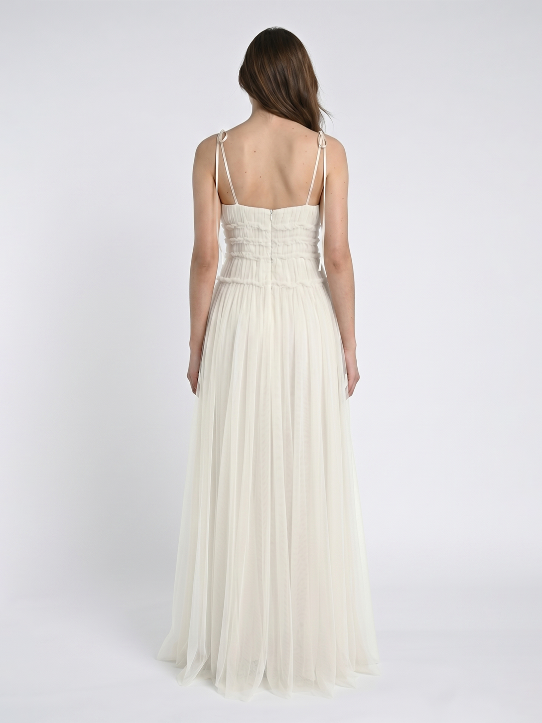 Ivory Tulle A-Line Square Neck Backless Floor-Length Bridesmaid Dress with Pleated Touch