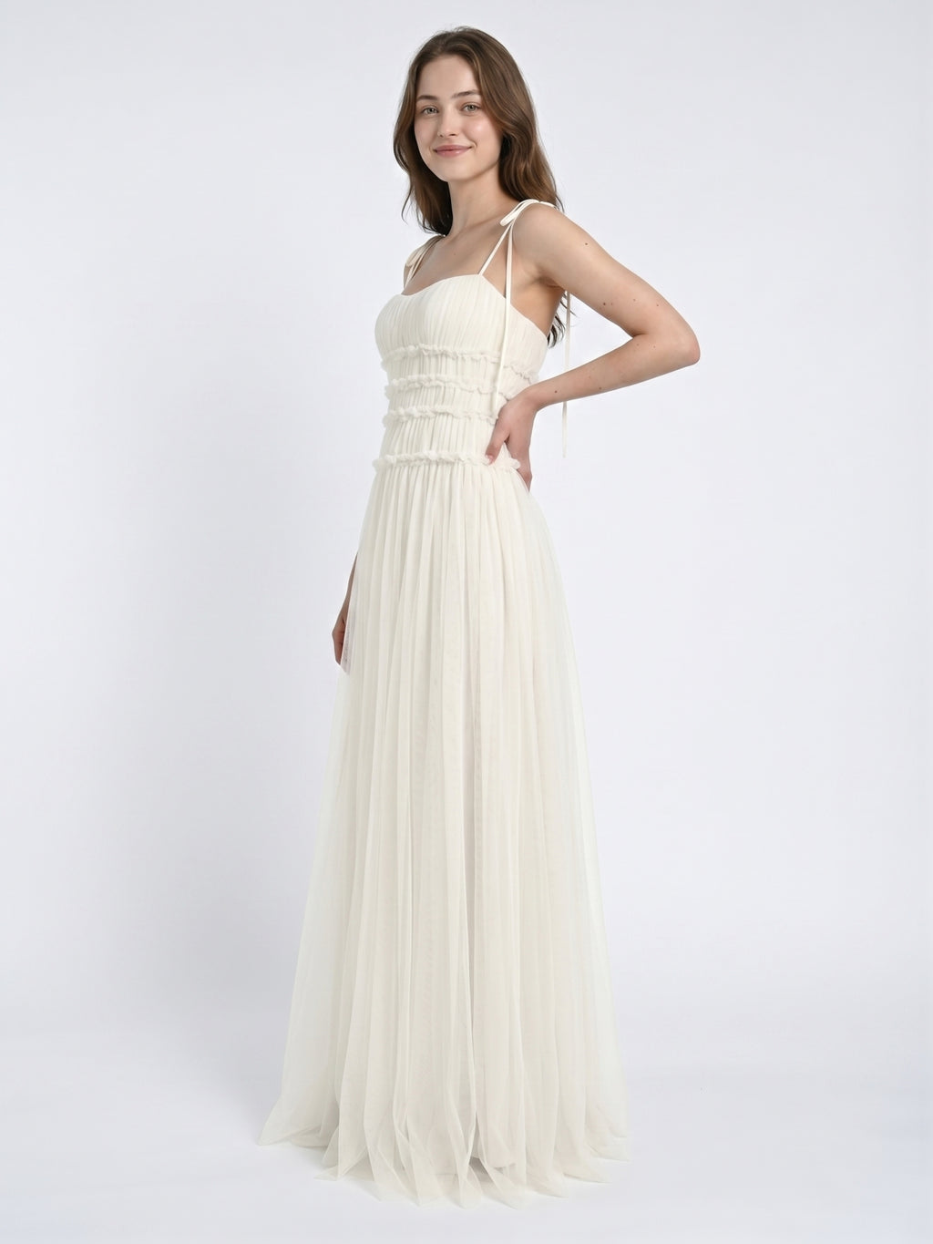 Ivory Tulle A-Line Square Neck Backless Floor-Length Bridesmaid Dress with Pleated Touch