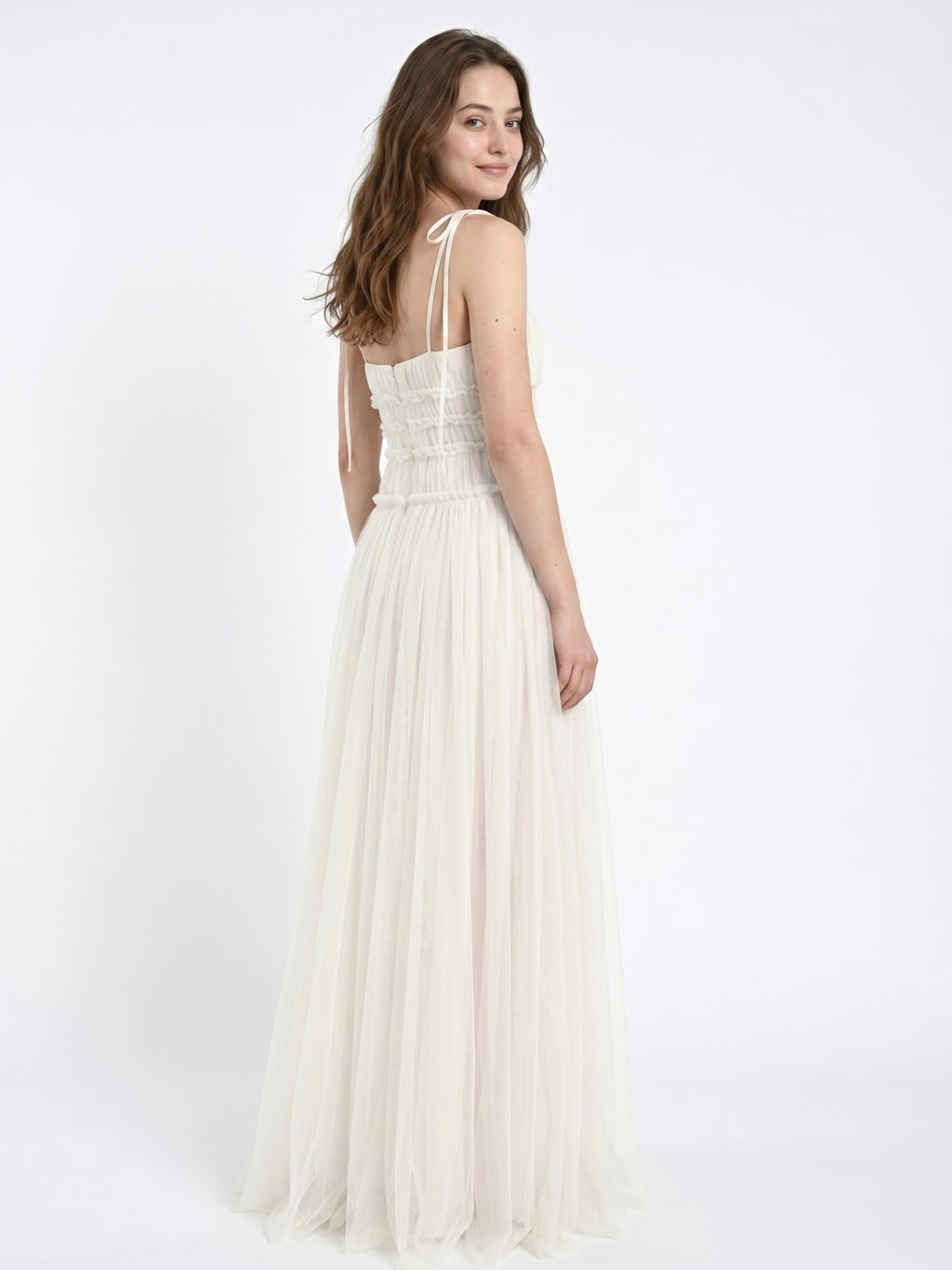 Ivory Tulle A-Line Square Neck Backless Floor-Length Bridesmaid Dress with Pleated Touch