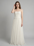 Ivory Tulle A-Line Square Neck Backless Floor-Length Bridesmaid Dress with Pleated Touch