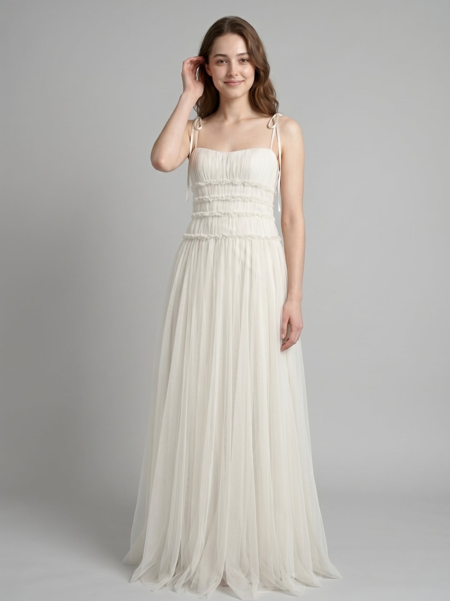 Ivory Tulle A-Line Square Neck Backless Floor-Length Bridesmaid Dress with Pleated Touch