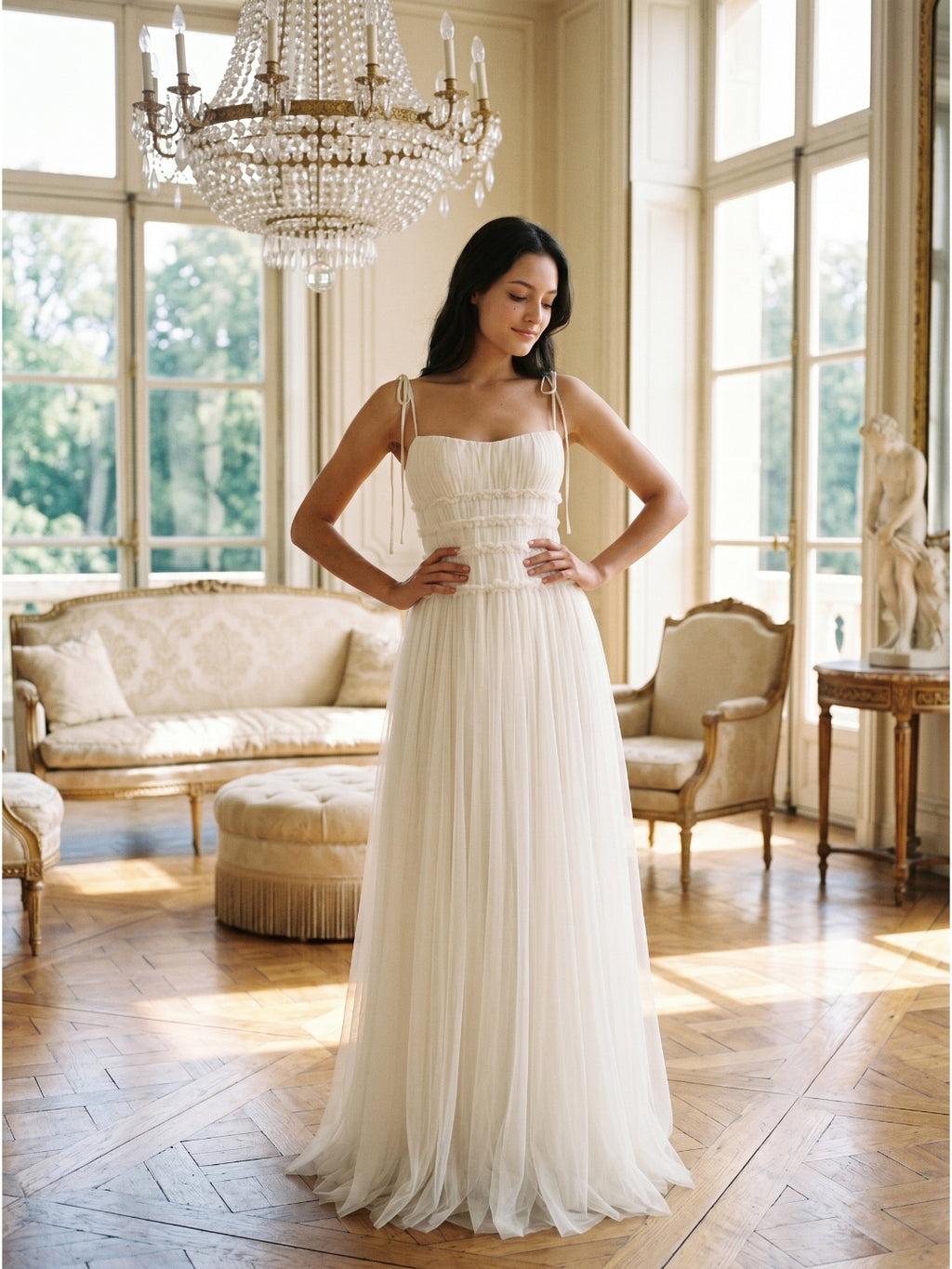 Ivory Tulle A-Line Square Neck Backless Floor-Length Bridesmaid Dress with Pleated Touch