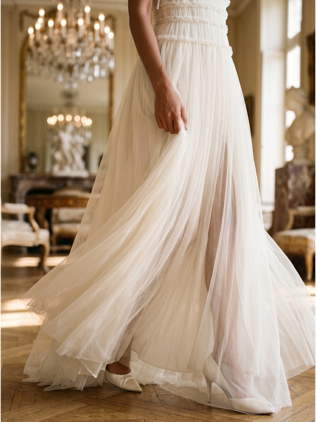 Ivory Tulle A-Line Square Neck Backless Floor-Length Bridesmaid Dress with Pleated Touch