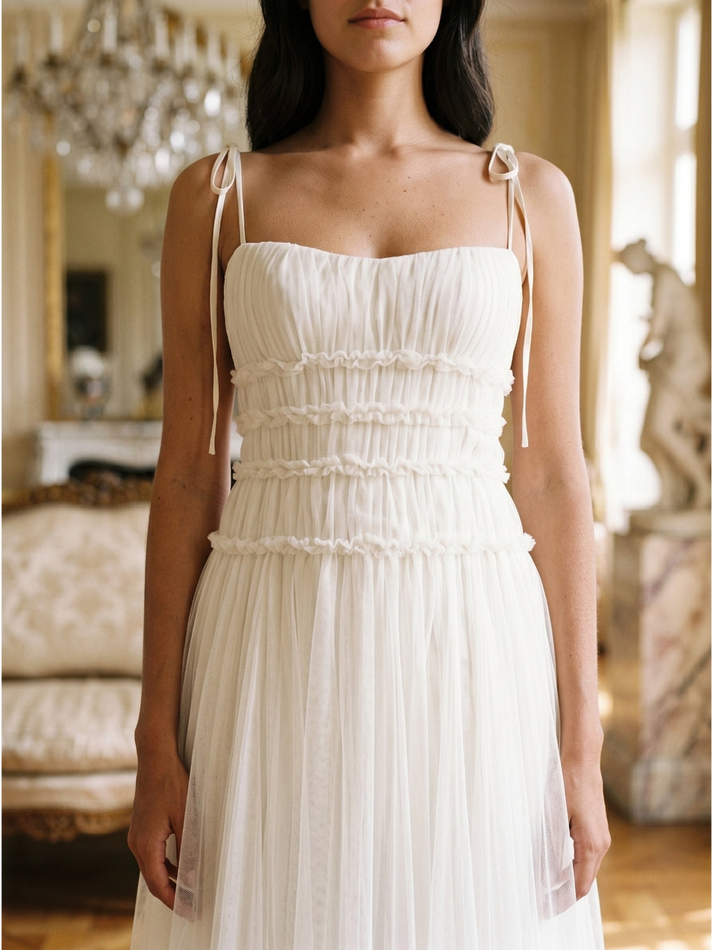 Ivory Tulle A-Line Square Neck Backless Floor-Length Bridesmaid Dress with Pleated Touch