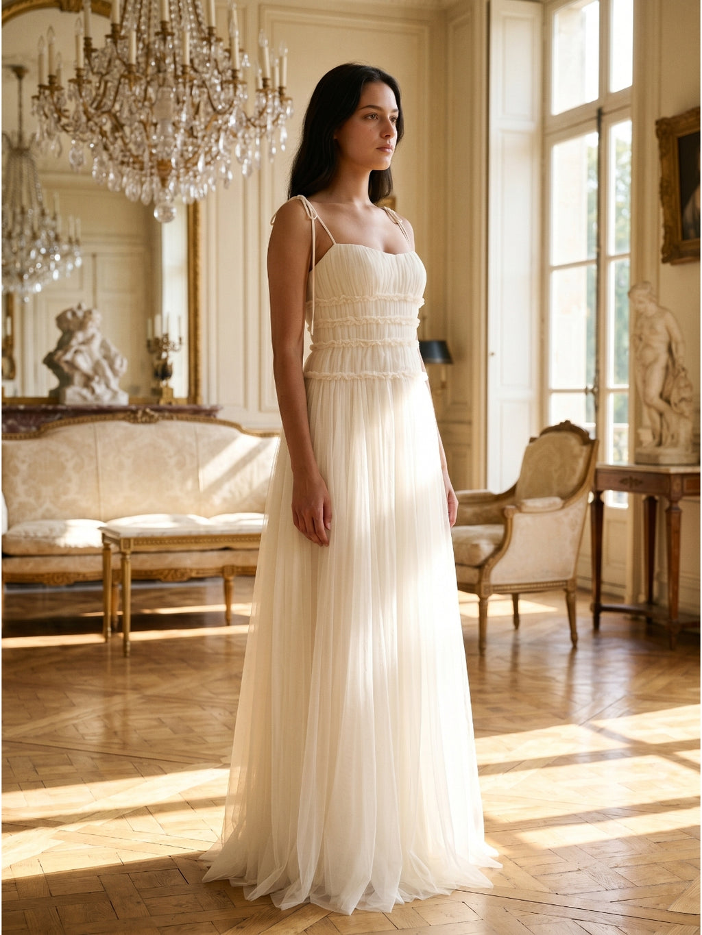 Ivory Tulle A-Line Square Neck Backless Floor-Length Bridesmaid Dress with Pleated Touch