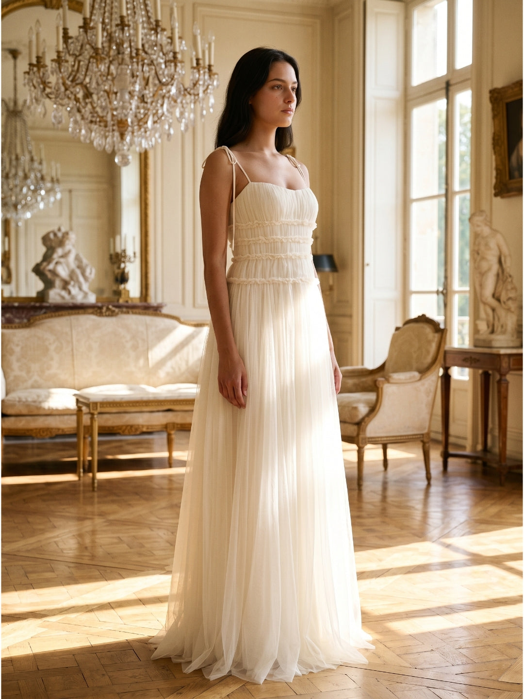 Ivory Tulle A-Line Square Neck Backless Floor-Length Bridesmaid Dress with Pleated Touch