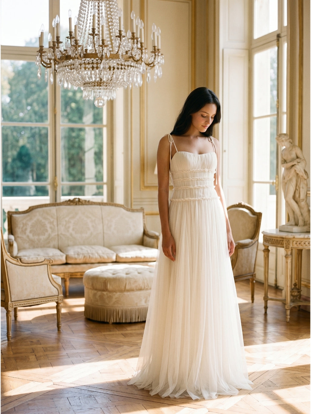 Ivory Tulle A-Line Square Neck Backless Floor-Length Bridesmaid Dress with Pleated Touch