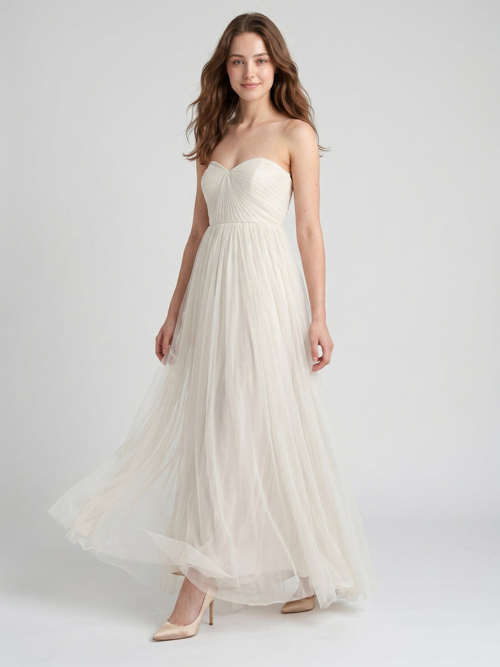 Ivory Tulle A-Line Sweetheart Back Zip Floor-Length Bridesmaid Dress with Pleated Bodice