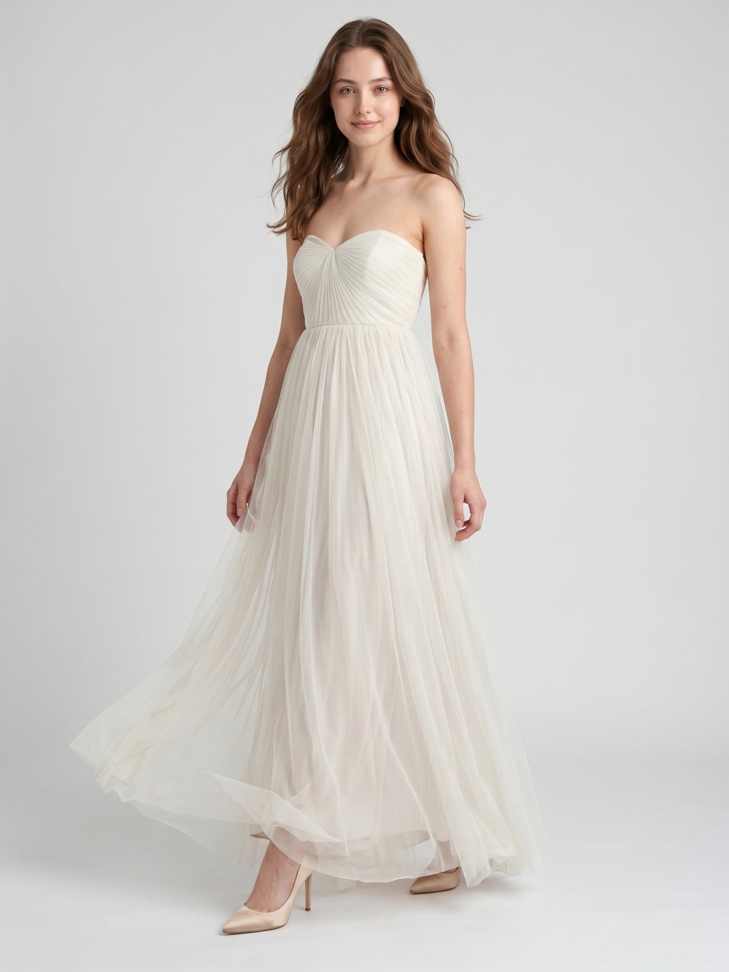 Ivory Tulle A-Line Sweetheart Back Zip Floor-Length Bridesmaid Dress with Pleated Bodice