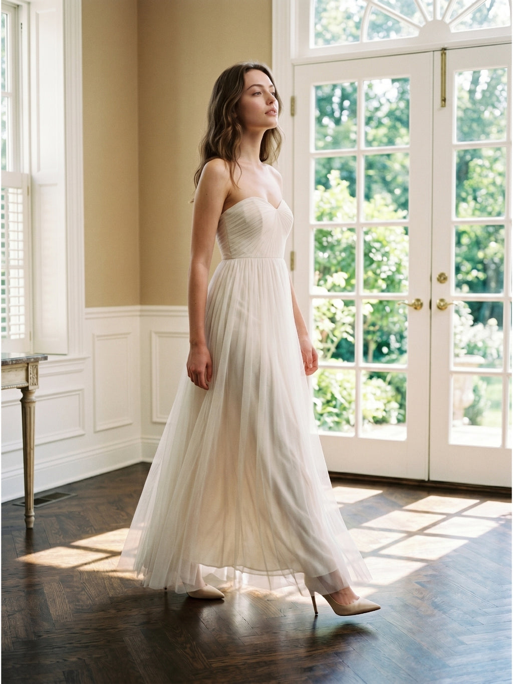 Ivory Tulle A-Line Sweetheart Back Zip Floor-Length Bridesmaid Dress with Pleated Bodice