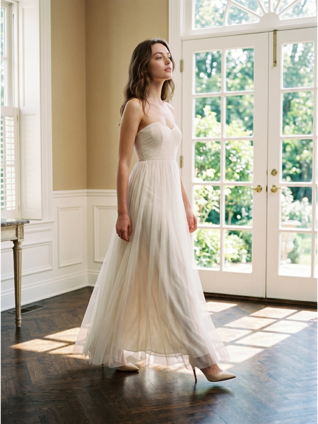 Ivory Tulle A-Line Sweetheart Back Zip Floor-Length Bridesmaid Dress with Pleated Bodice