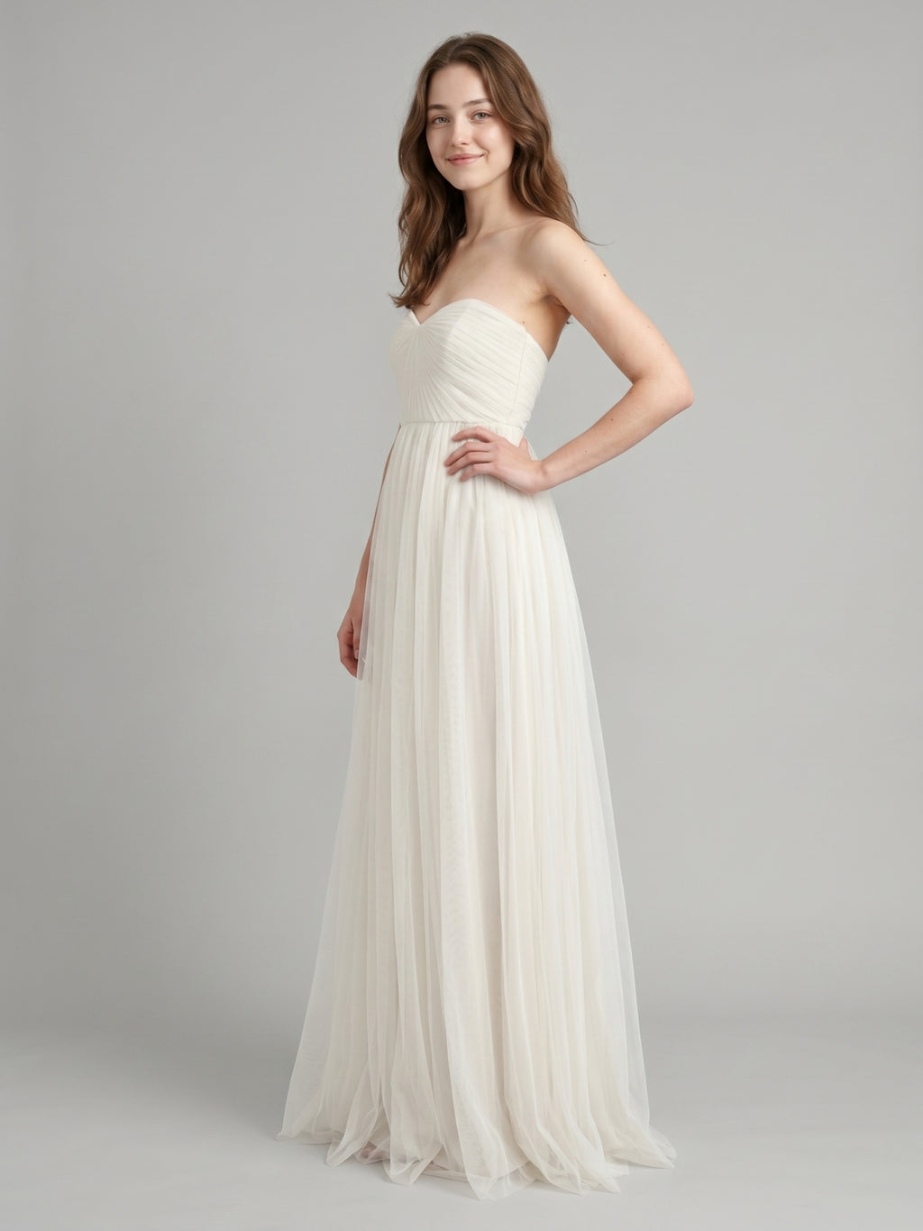 Ivory Tulle A-Line Sweetheart Back Zip Floor-Length Bridesmaid Dress with Pleated Bodice