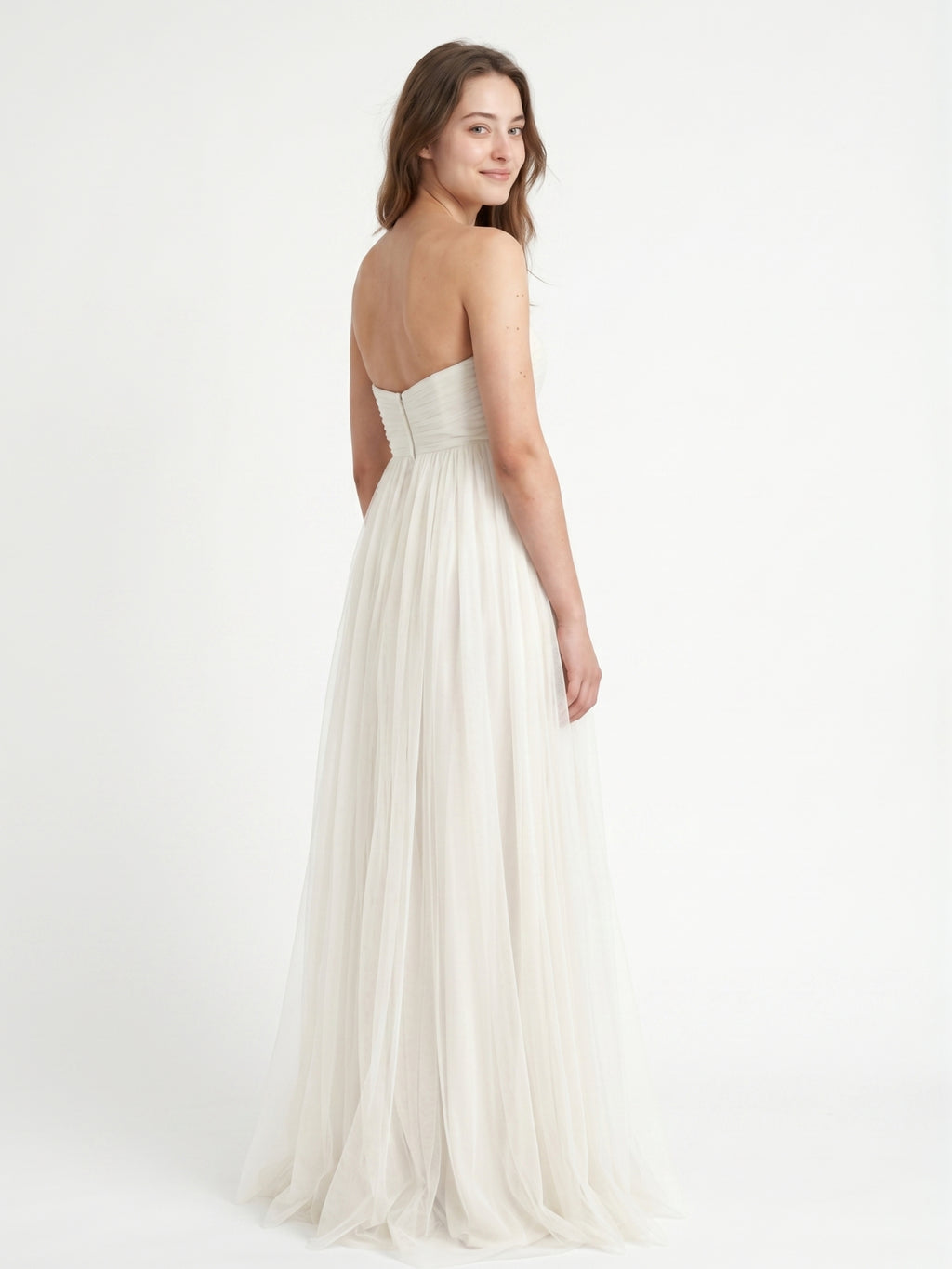 Ivory Tulle A-Line Sweetheart Back Zip Floor-Length Bridesmaid Dress with Pleated Bodice