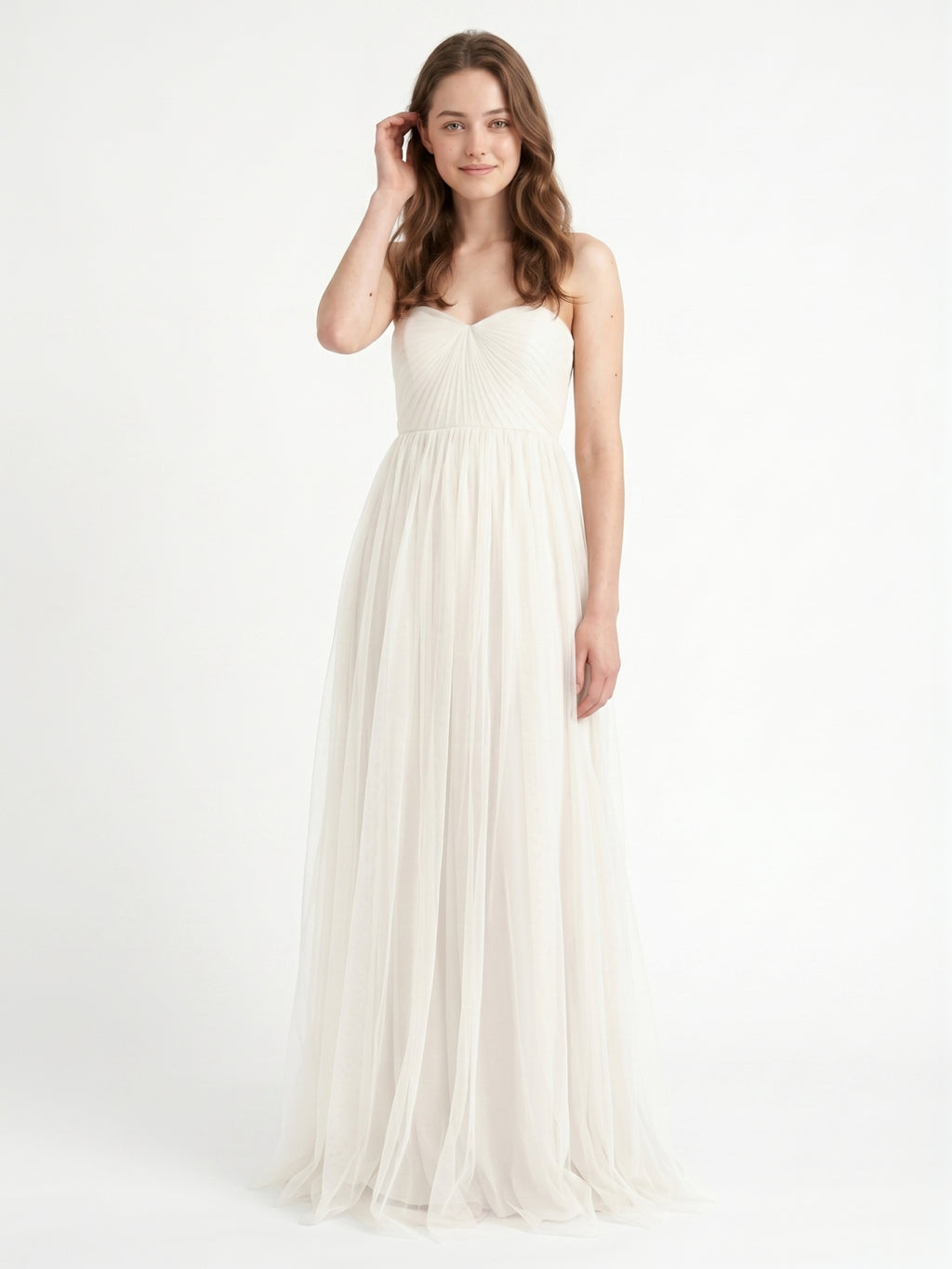 Ivory Tulle A-Line Sweetheart Back Zip Floor-Length Bridesmaid Dress with Pleated Bodice