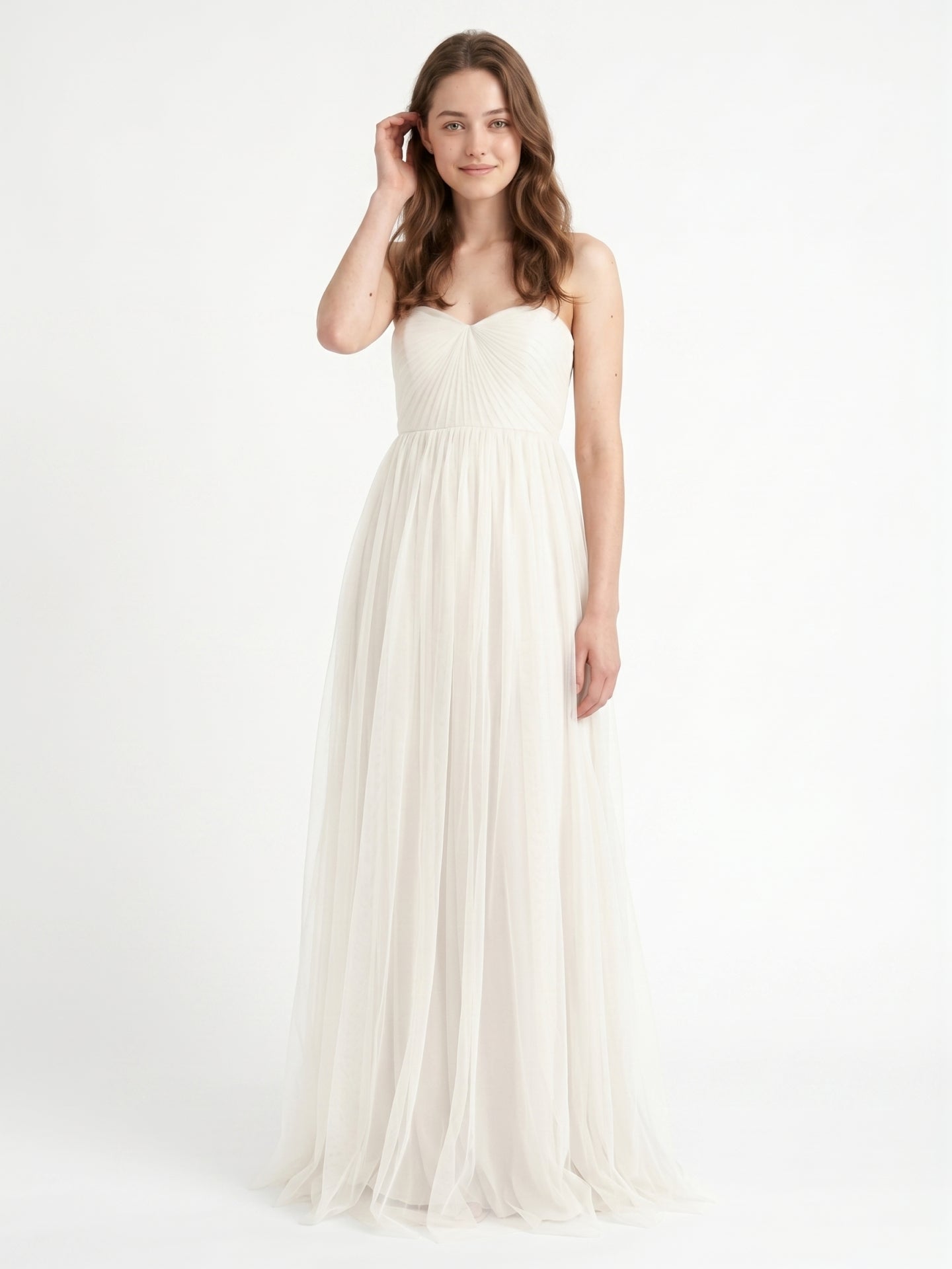 Ivory Tulle A-Line Sweetheart Back Zip Floor-Length Bridesmaid Dress with Pleated Bodice