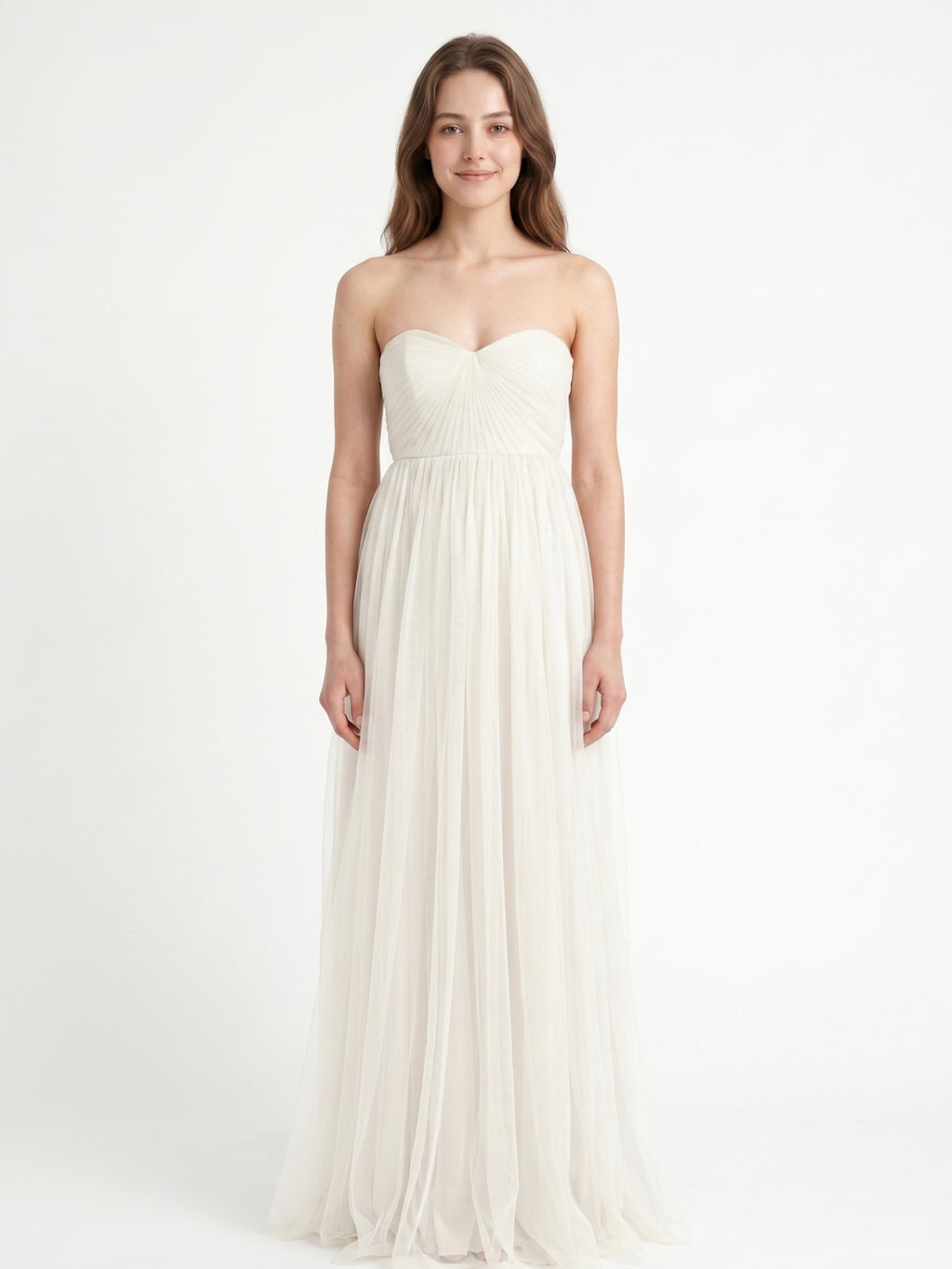 Ivory Tulle A-Line Sweetheart Back Zip Floor-Length Bridesmaid Dress with Pleated Bodice