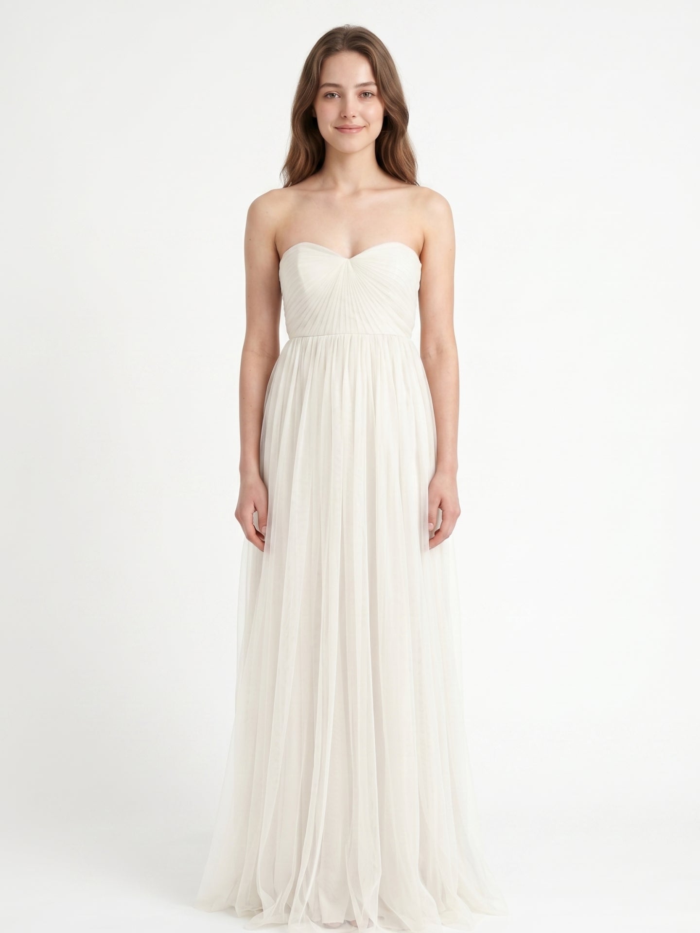 Ivory Tulle A-Line Sweetheart Back Zip Floor-Length Bridesmaid Dress with Pleated Bodice