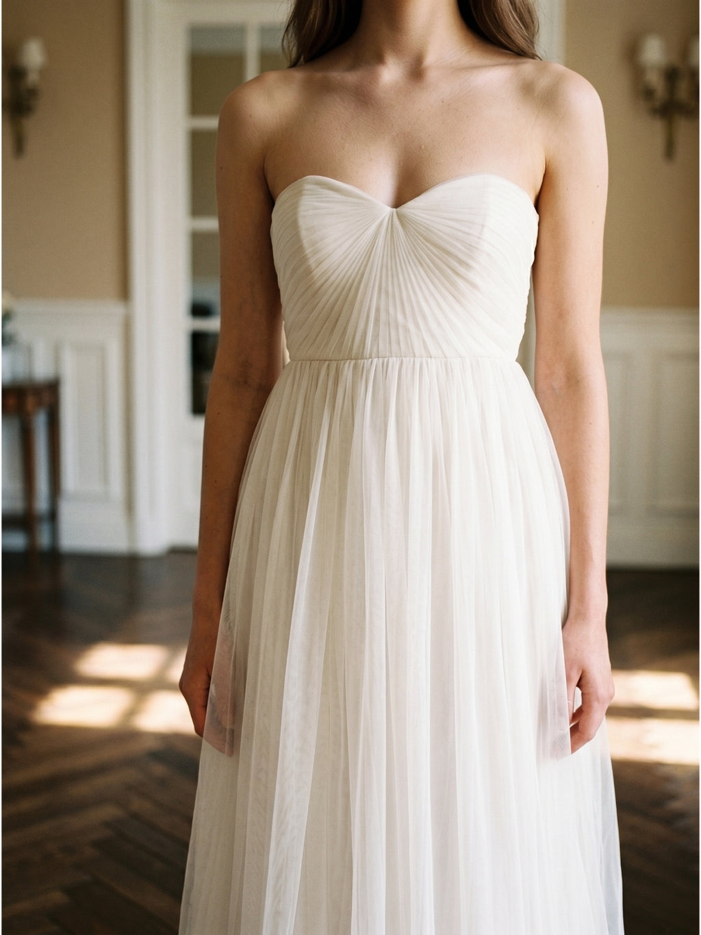 Ivory Tulle A-Line Sweetheart Back Zip Floor-Length Bridesmaid Dress with Pleated Bodice