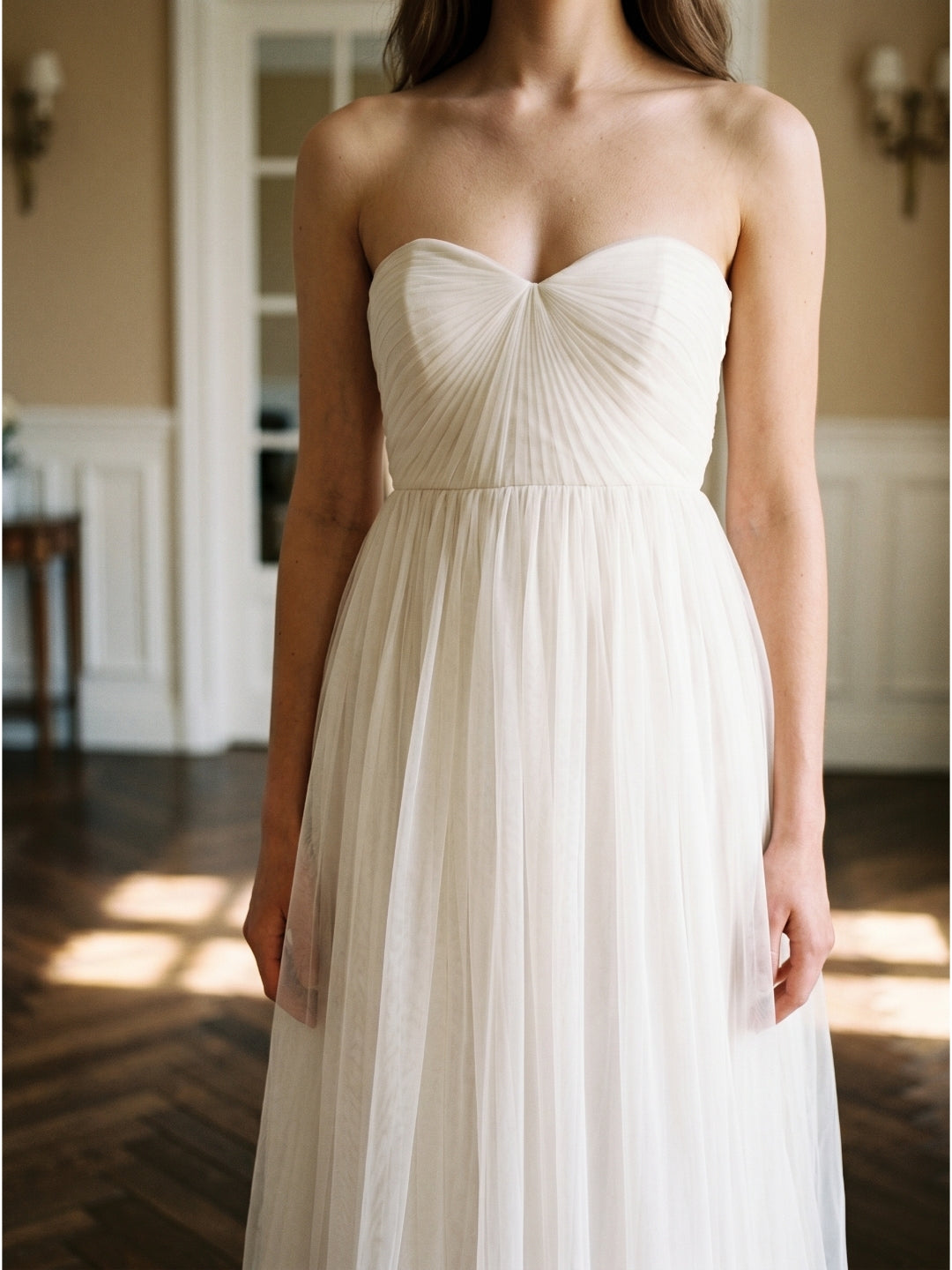 Ivory Tulle A-Line Sweetheart Back Zip Floor-Length Bridesmaid Dress with Pleated Bodice