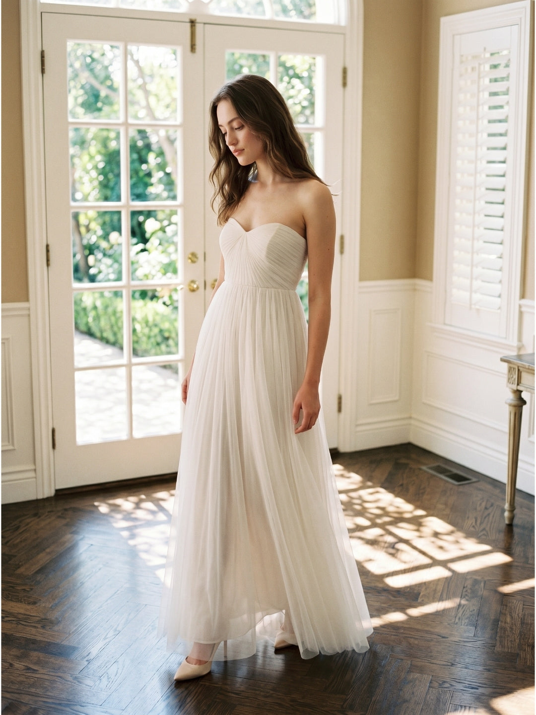Ivory Tulle A-Line Sweetheart Back Zip Floor-Length Bridesmaid Dress with Pleated Bodice