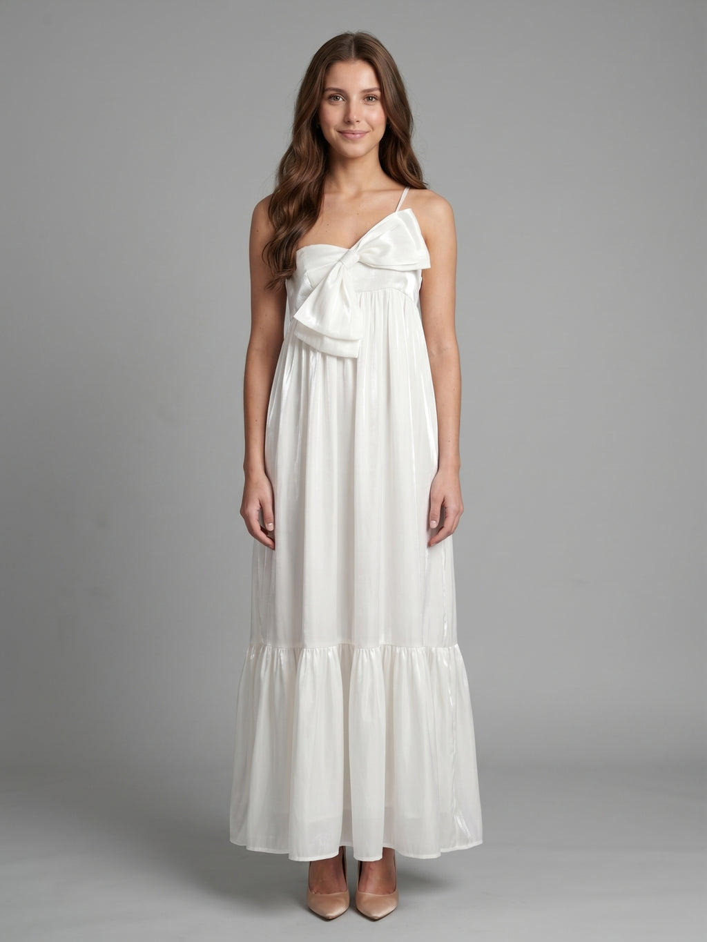 Ivory satin A-Line One Shoulder Backless Floor-Length Bridesmaid Dress with Bow
