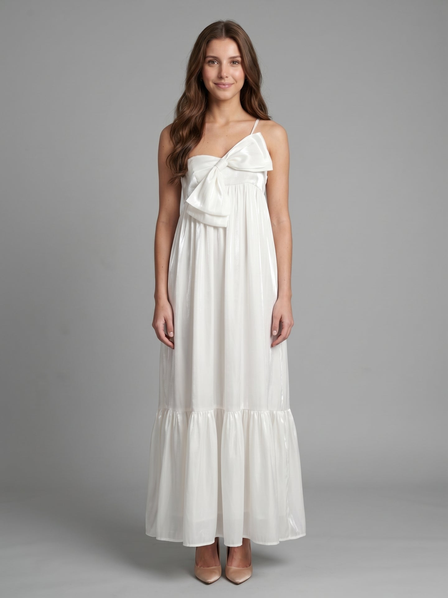 Ivory satin A-Line One Shoulder Backless Floor-Length Bridesmaid Dress with Bow