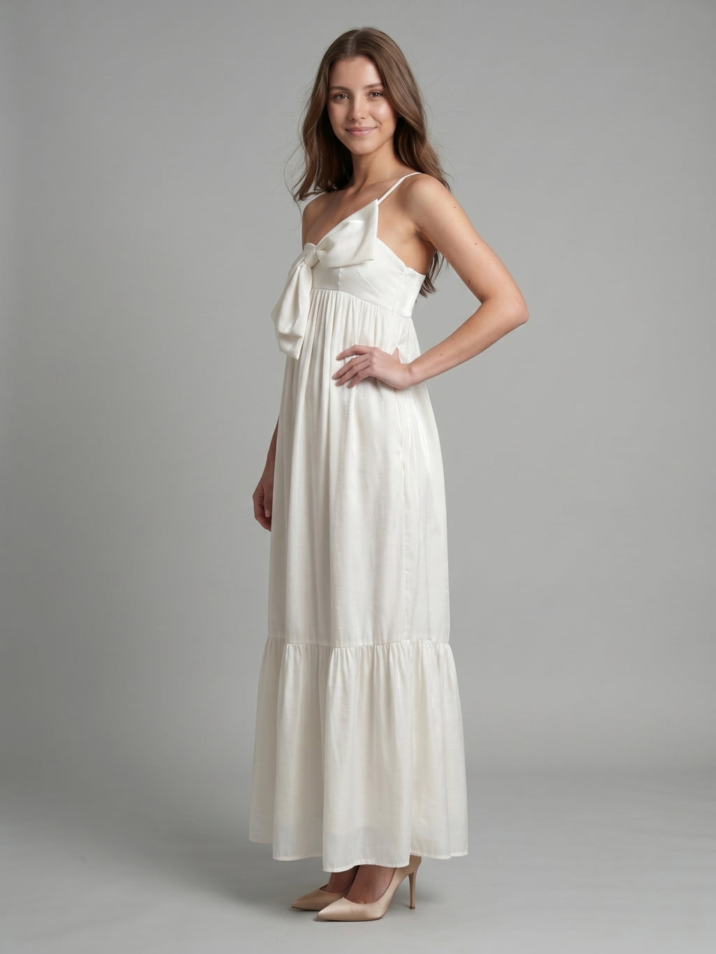 Ivory satin A-Line One Shoulder Backless Floor-Length Bridesmaid Dress with Bow