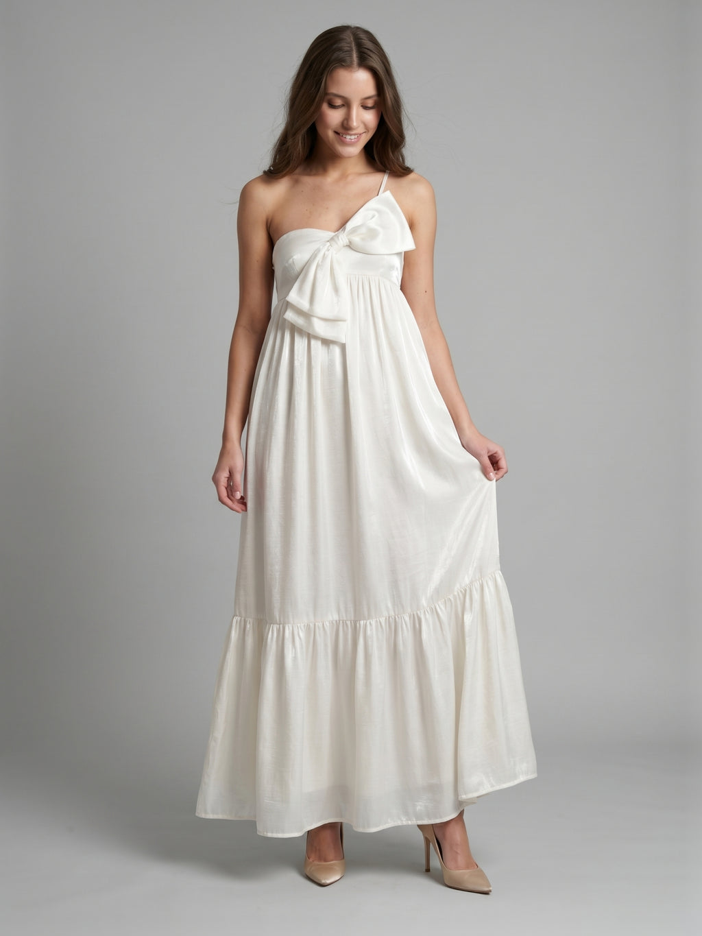 Ivory satin A-Line One Shoulder Backless Floor-Length Bridesmaid Dress with Bow