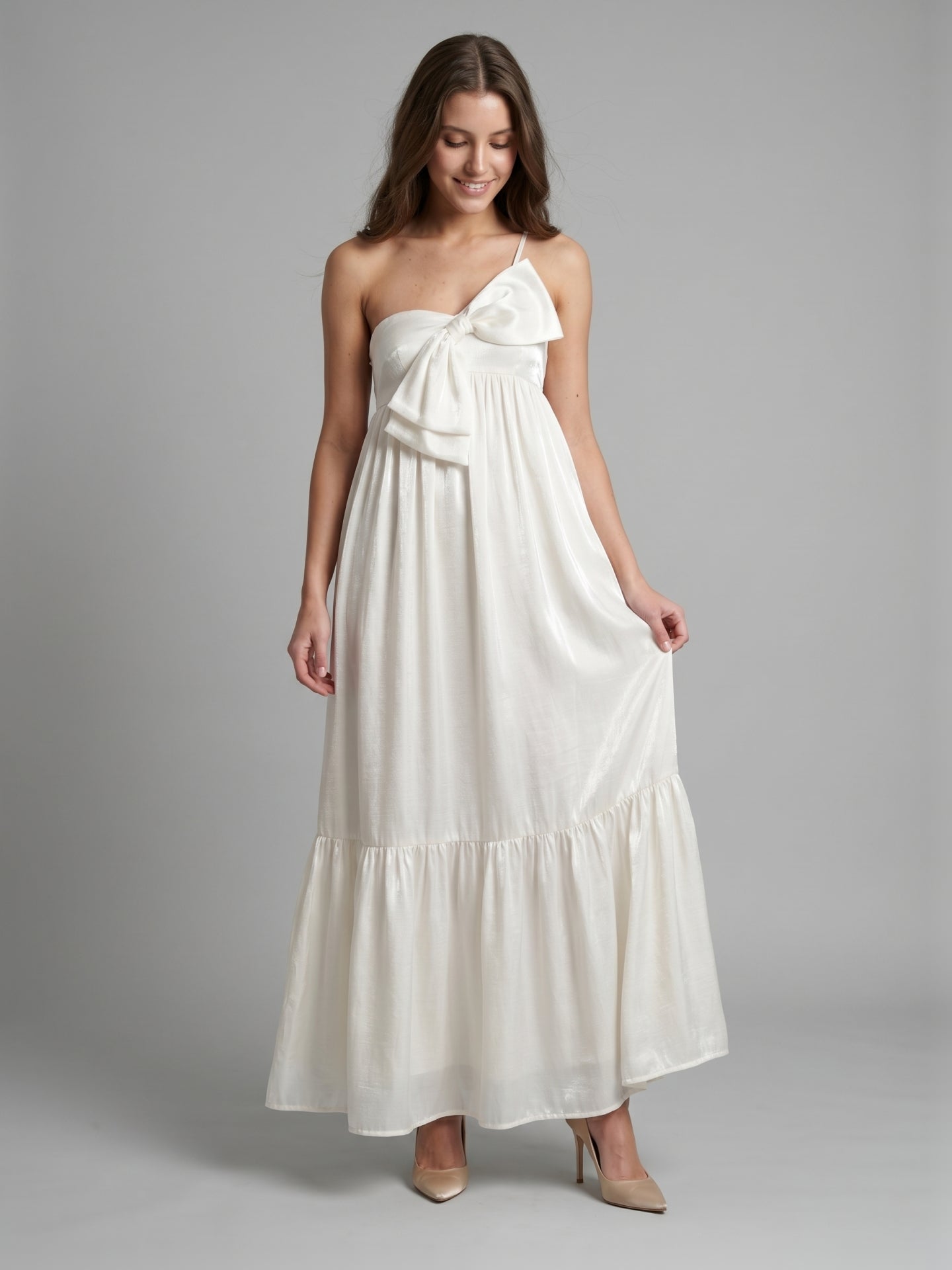 Ivory satin A-Line One Shoulder Backless Floor-Length Bridesmaid Dress with Bow