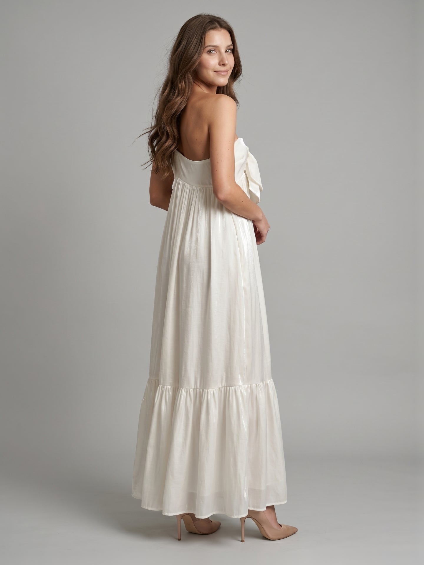 Ivory satin A-Line One Shoulder Backless Floor-Length Bridesmaid Dress with Bow