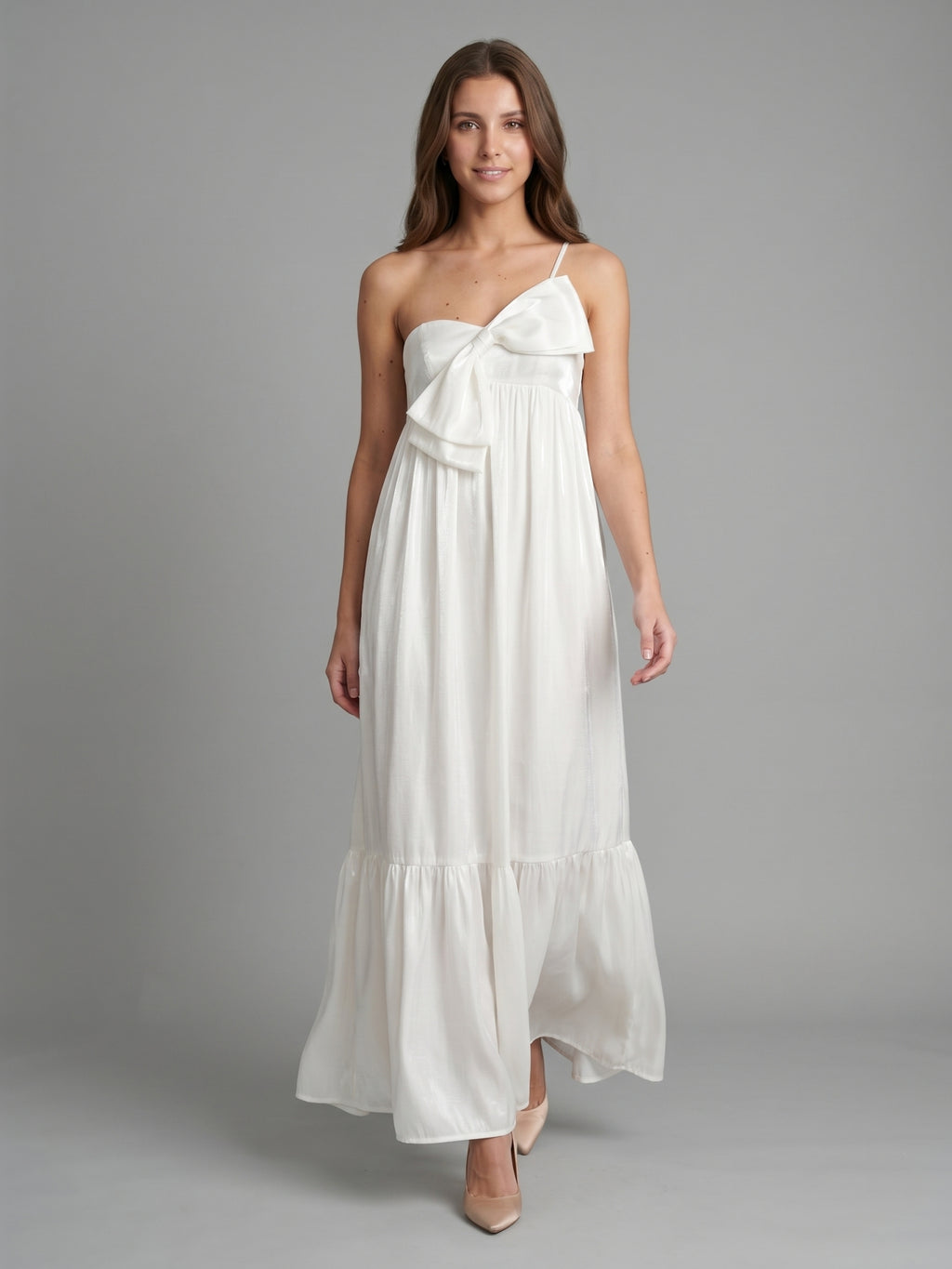 Ivory satin A-Line One Shoulder Backless Floor-Length Bridesmaid Dress with Bow