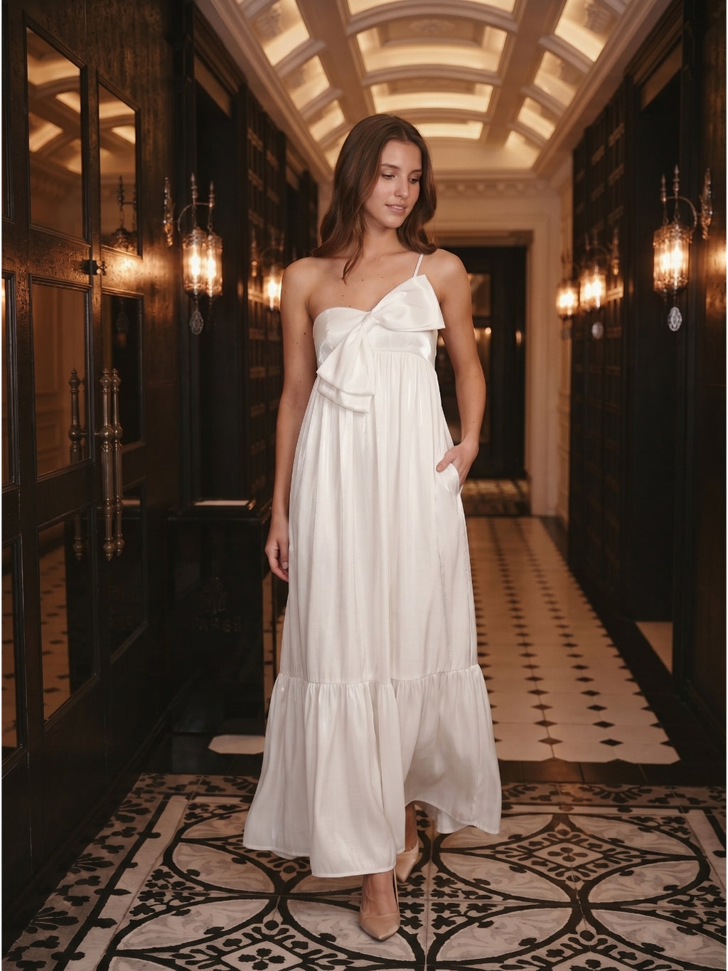 Ivory satin A-Line One Shoulder Backless Floor-Length Bridesmaid Dress with Bow